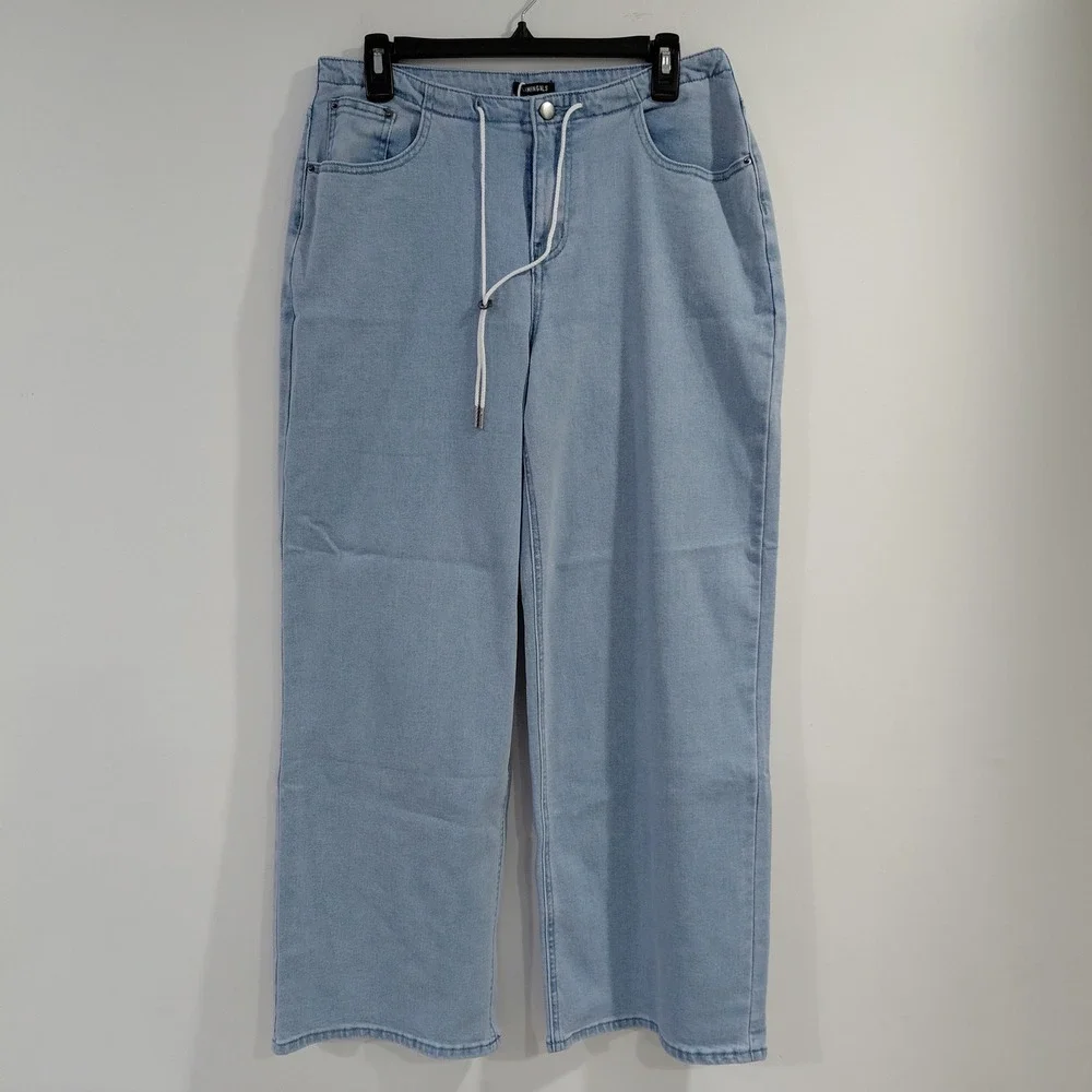 Flamingals Light Wash Denim Jeans Wide Leg Drawstring Waist Size M